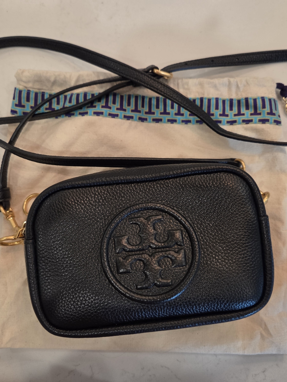 Tory Burch Black Pebbled Leather Camera Crossbody with Gold Hardware